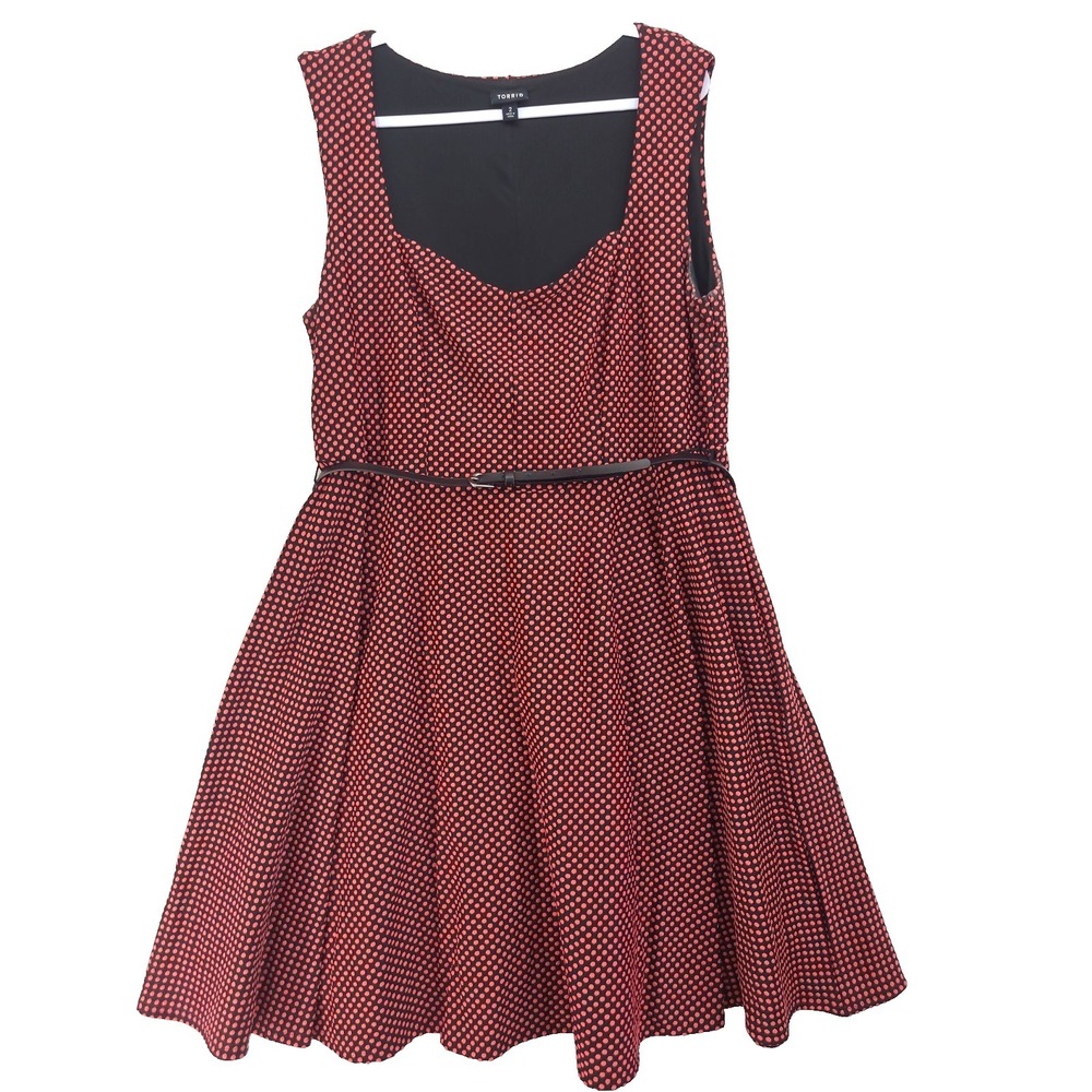 Torrid‎ Dress Womens 2  2X Black Coral Polka Dot Sleeveless Sweetheart Belt Midi